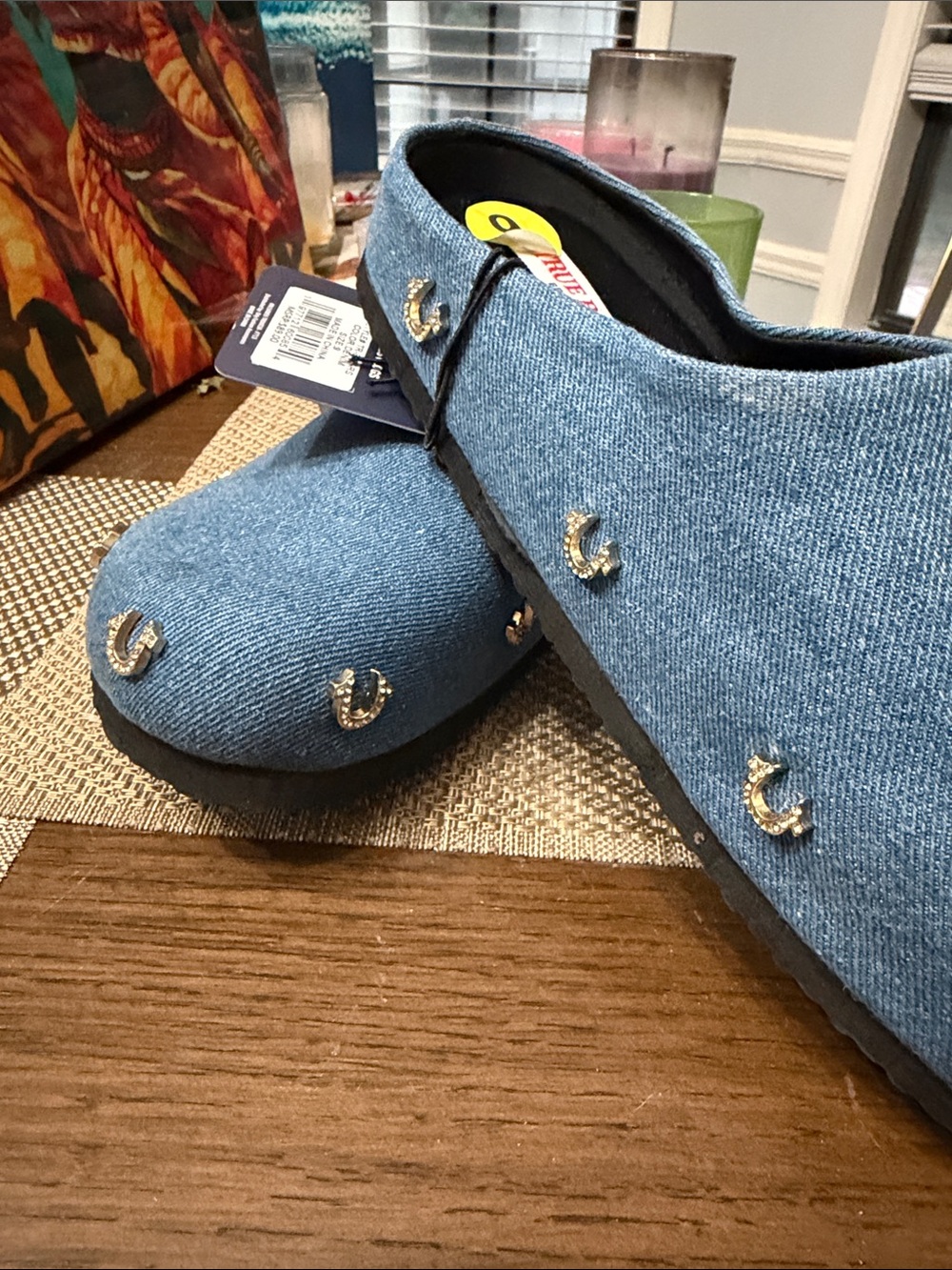 True Religion Denim Blue Slip-On Mules with Horseshoe Studs - Picture 16 of 17